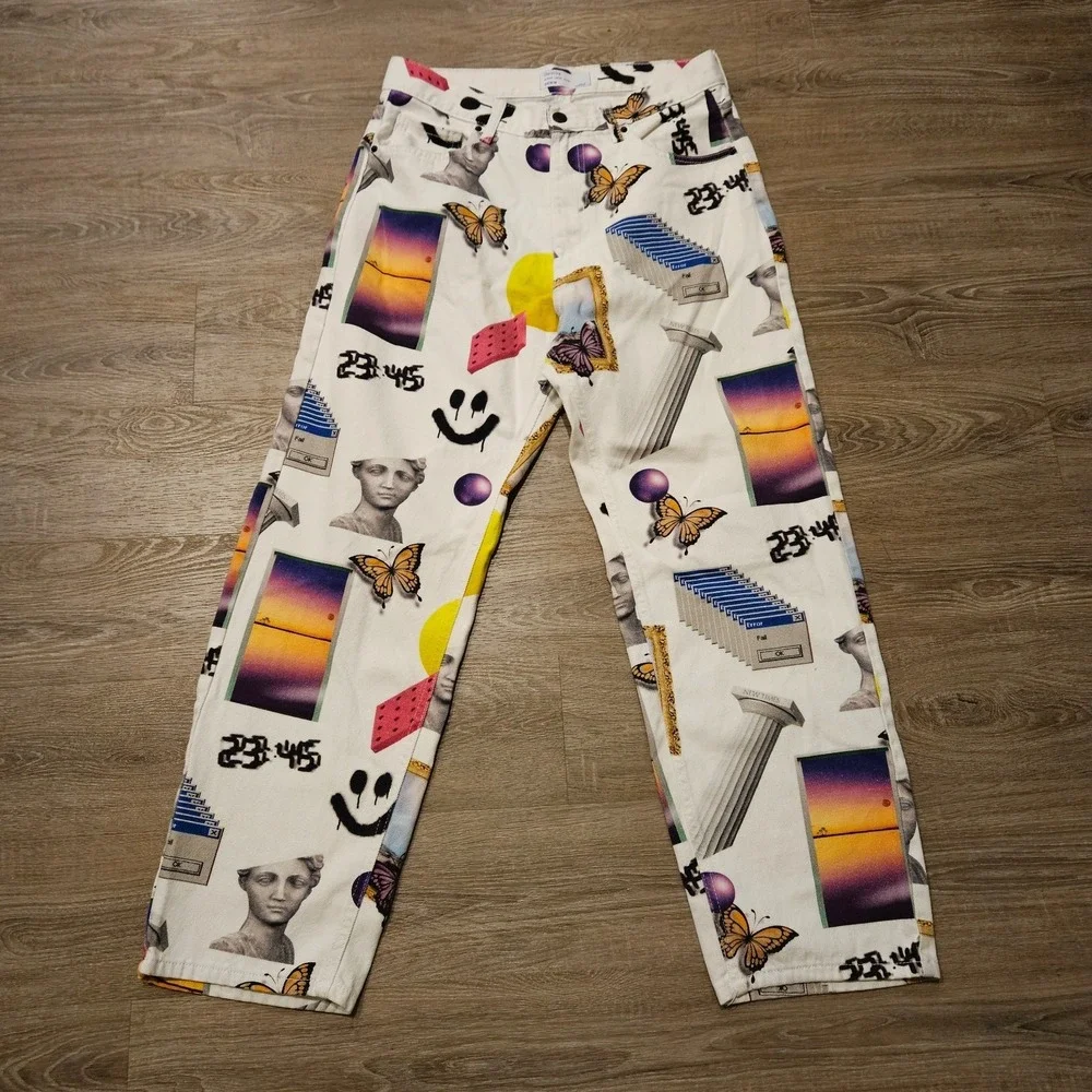 Bershka Graphic Print Straight Leg Jeans Men's 31 White Butterfly Art Denim